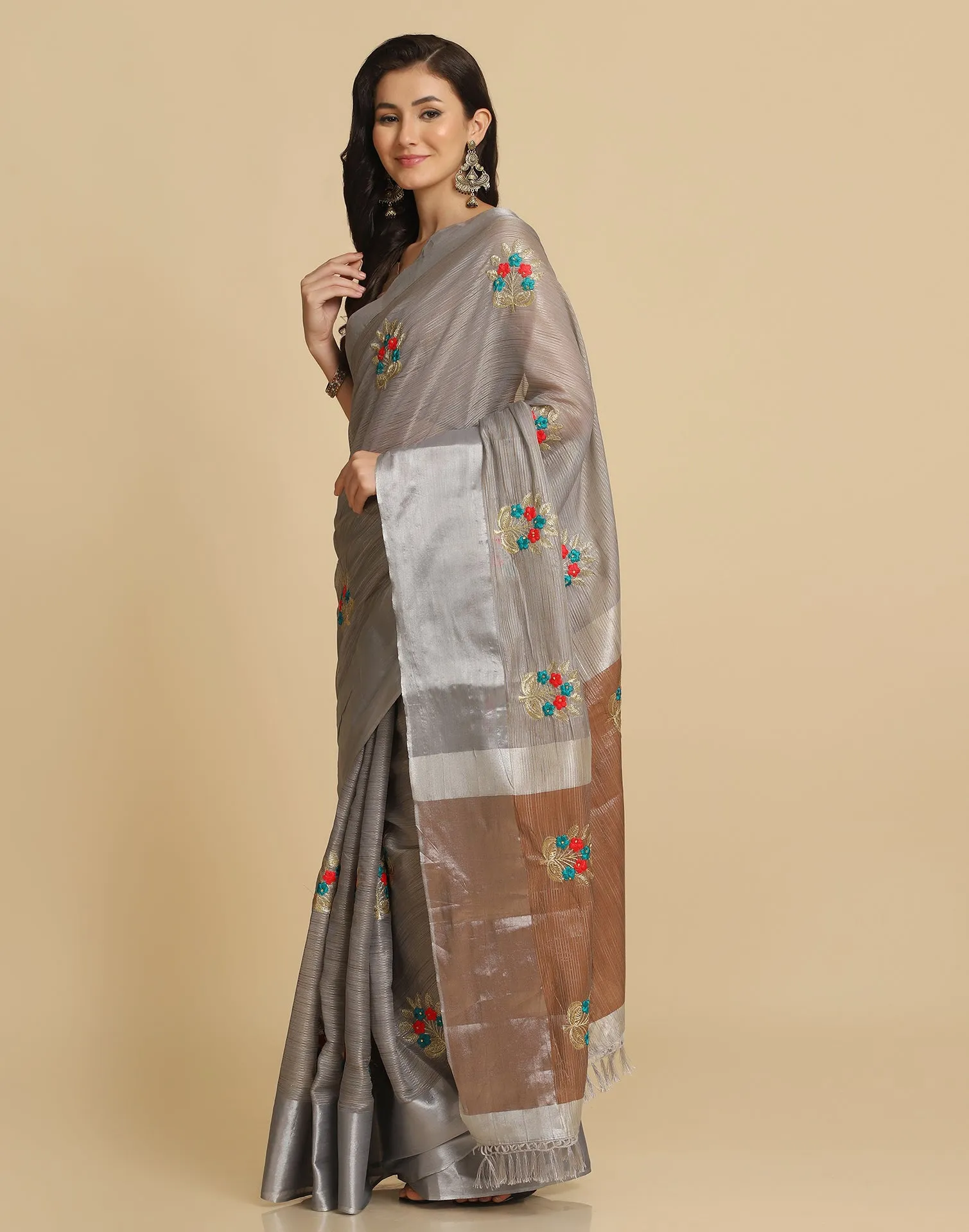 Grey Self Woven Silk Embroidery Saree