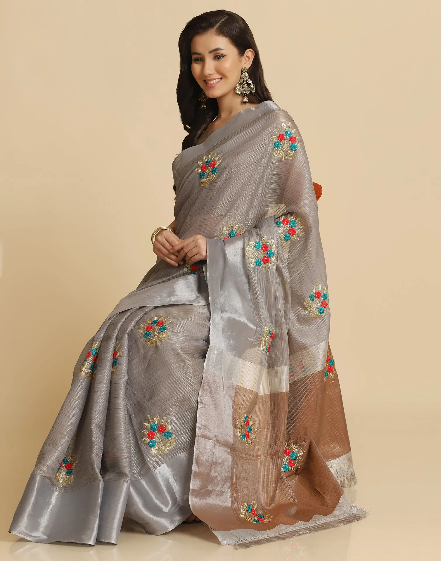 Grey Self Woven Silk Embroidery Saree