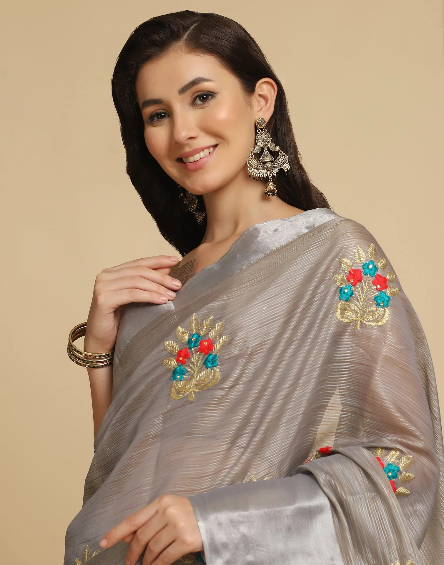 Grey Self Woven Silk Embroidery Saree