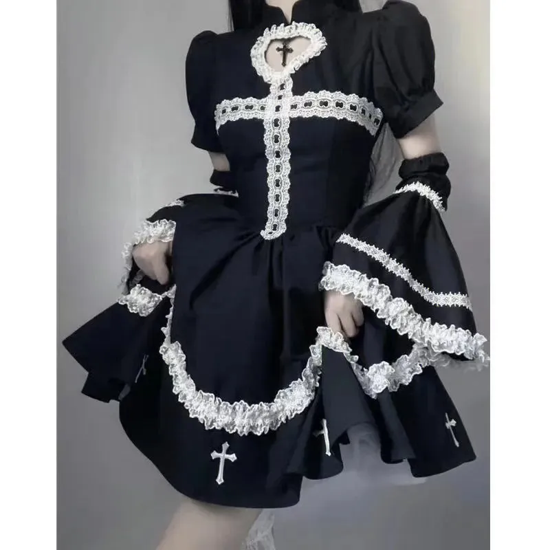 Harajuku Maid Kawaii Lolita Costumes Hollow Out Aesthetic Cosplay Lace Trim Y2k Anime Dress