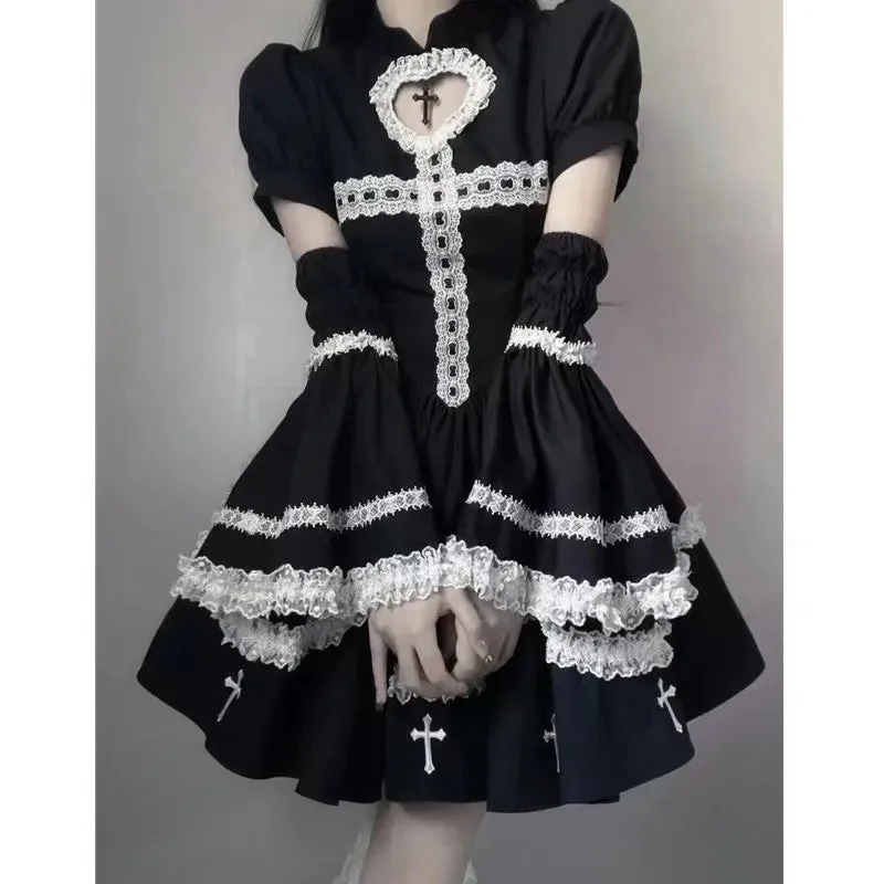 Harajuku Maid Kawaii Lolita Costumes Hollow Out Aesthetic Cosplay Lace Trim Y2k Anime Dress