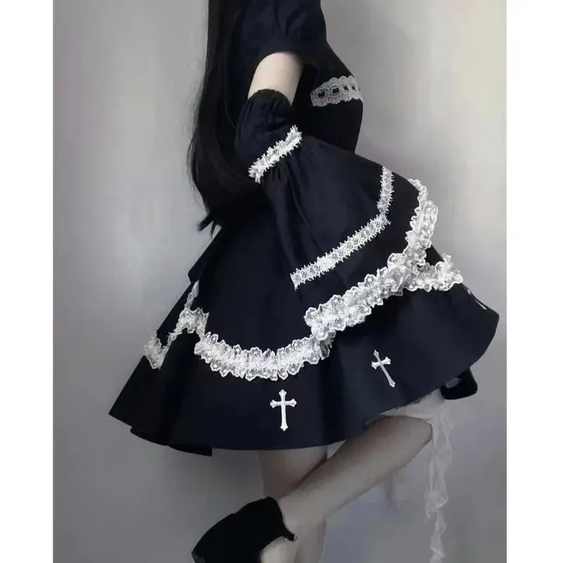 Harajuku Maid Kawaii Lolita Costumes Hollow Out Aesthetic Cosplay Lace Trim Y2k Anime Dress