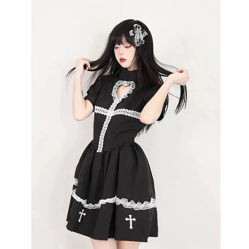 Harajuku Maid Kawaii Lolita Costumes Hollow Out Aesthetic Cosplay Lace Trim Y2k Anime Dress