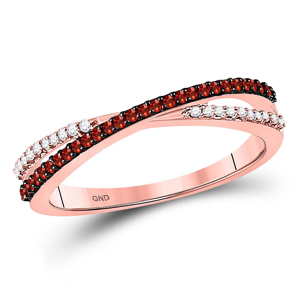 Keene Jewelers 10kt Rose Gold Womens Round Red Color Enhanced Diamond Crossover Band Ring 1/6 Cttw