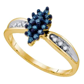 Keene Jewelers 10kt Yellow Gold Womens Round Blue Color Enhanced Diamond Cluster Ring 1/5 Cttw