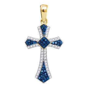 Keene Jewelers 10kt Yellow Gold Womens Round Blue Color Enhanced Diamond Cross Pendant 1/4 Cttw