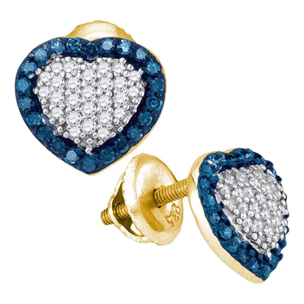 Keene Jewelers 10kt Yellow Gold Womens Round Blue Color Enhanced Diamond Heart Earrings 1/2 Cttw