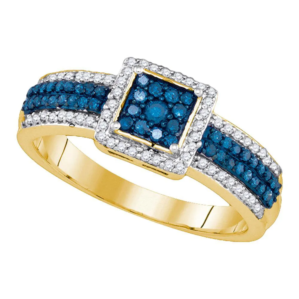 Keene Jewelers 10kt Yellow Gold Womens Round Blue Color Enhanced Diamond Square Cluster Ring 1/2 Cttw