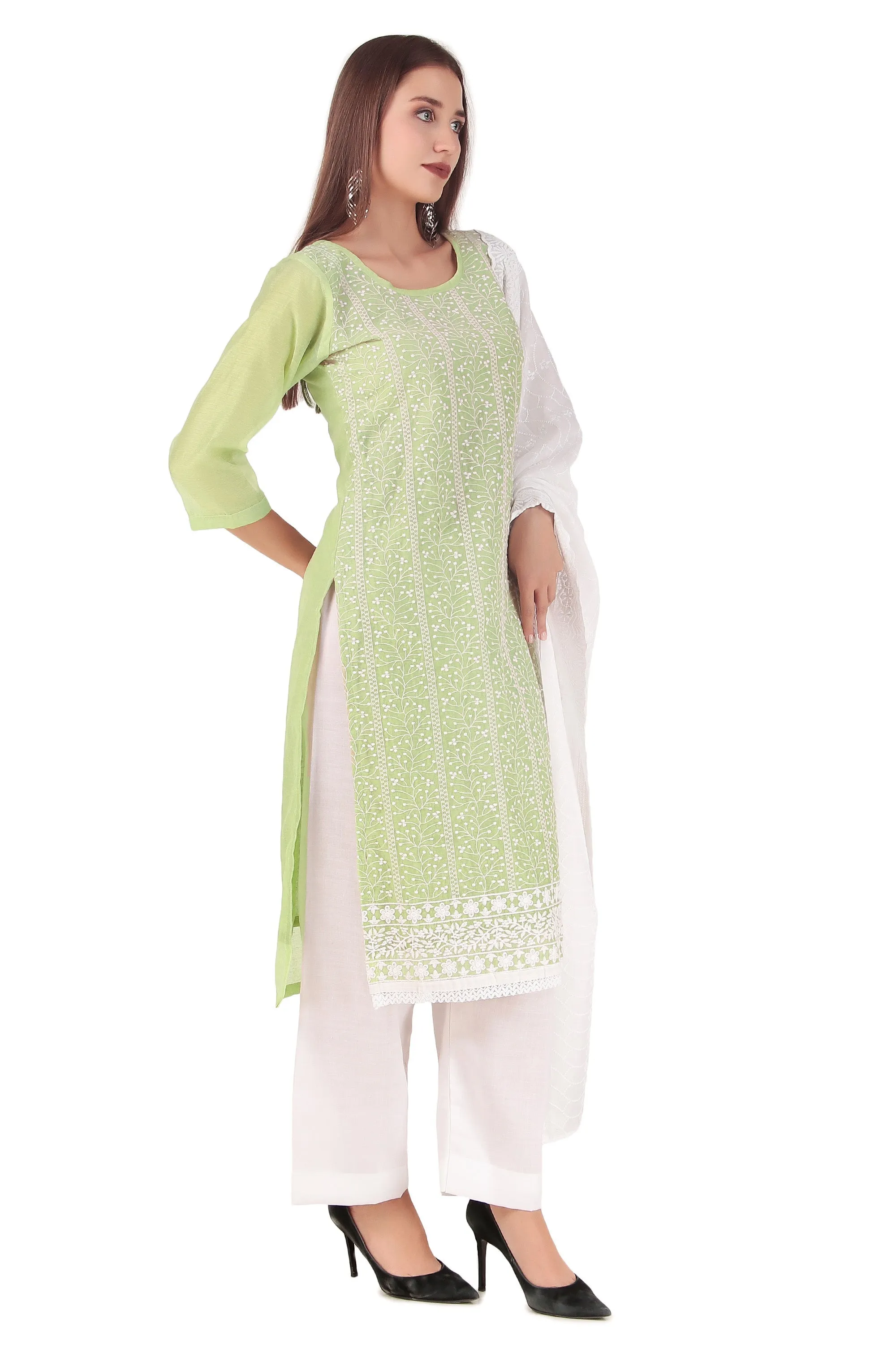 Ladyline Formal Silk Salwar Kameez - Chikan Embroidery Lace withChiffonEmbroidered Dupatta (SESK KUS)