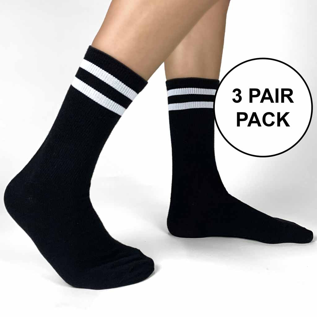 Large Basic Striped Crew Socks in Black or White - 3 Pack