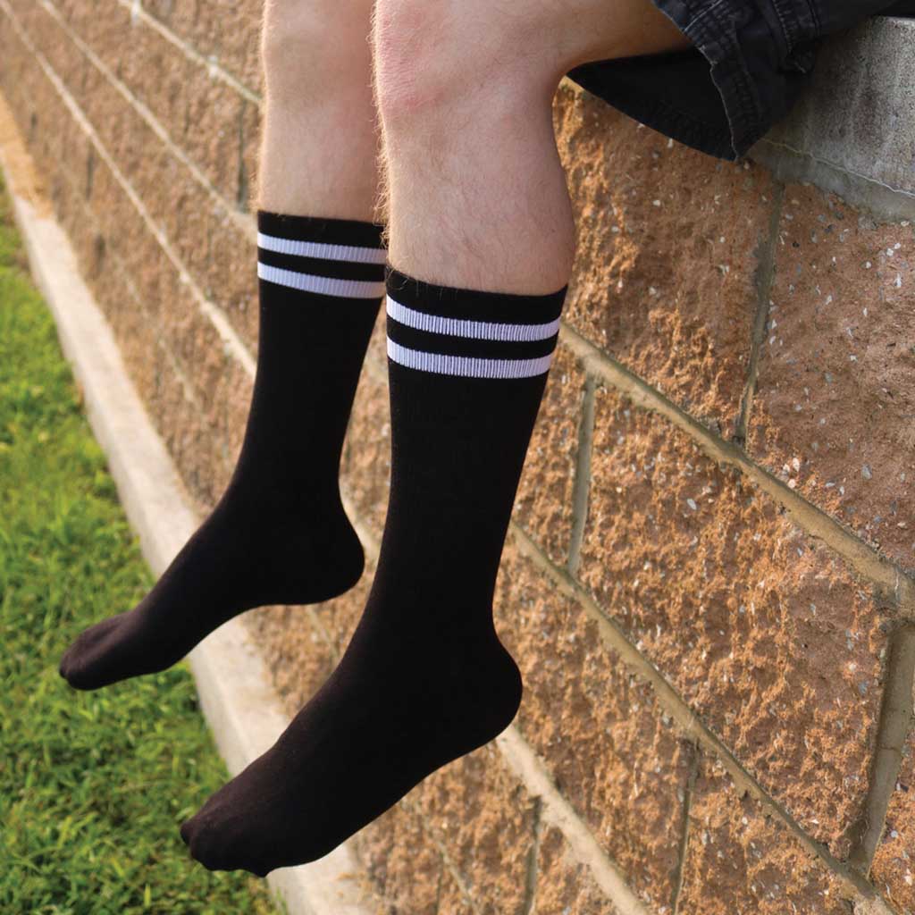 Large Basic Striped Crew Socks in Black or White - 3 Pack