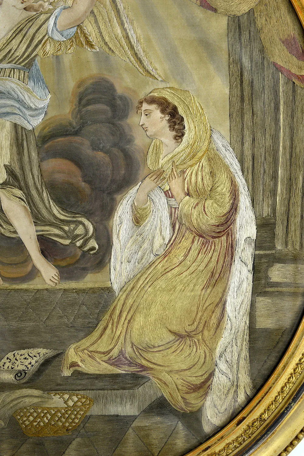 Large Georgian silk-work embroidery. Mary and Archangel Gabriel.