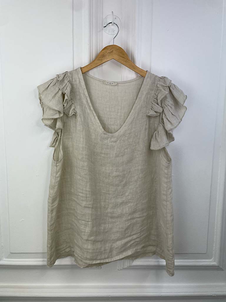 Linen Frill Sleeve Top - Stone