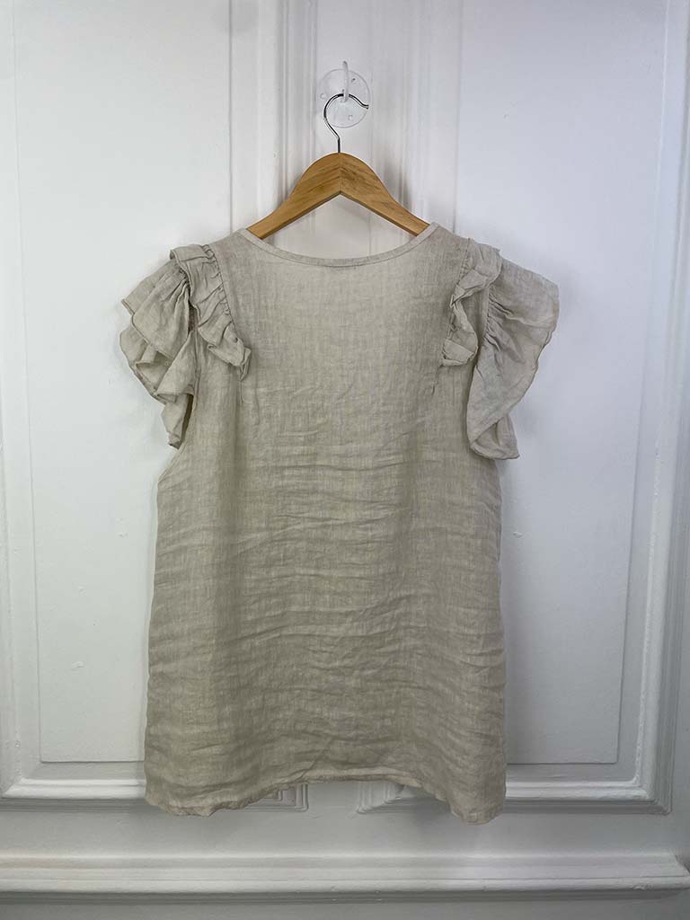 Linen Frill Sleeve Top - Stone