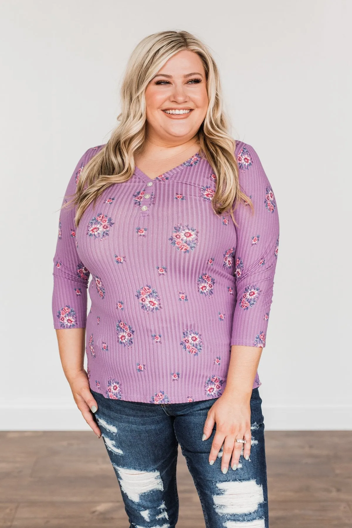 Looking Forward Floral Henley Top- Purple