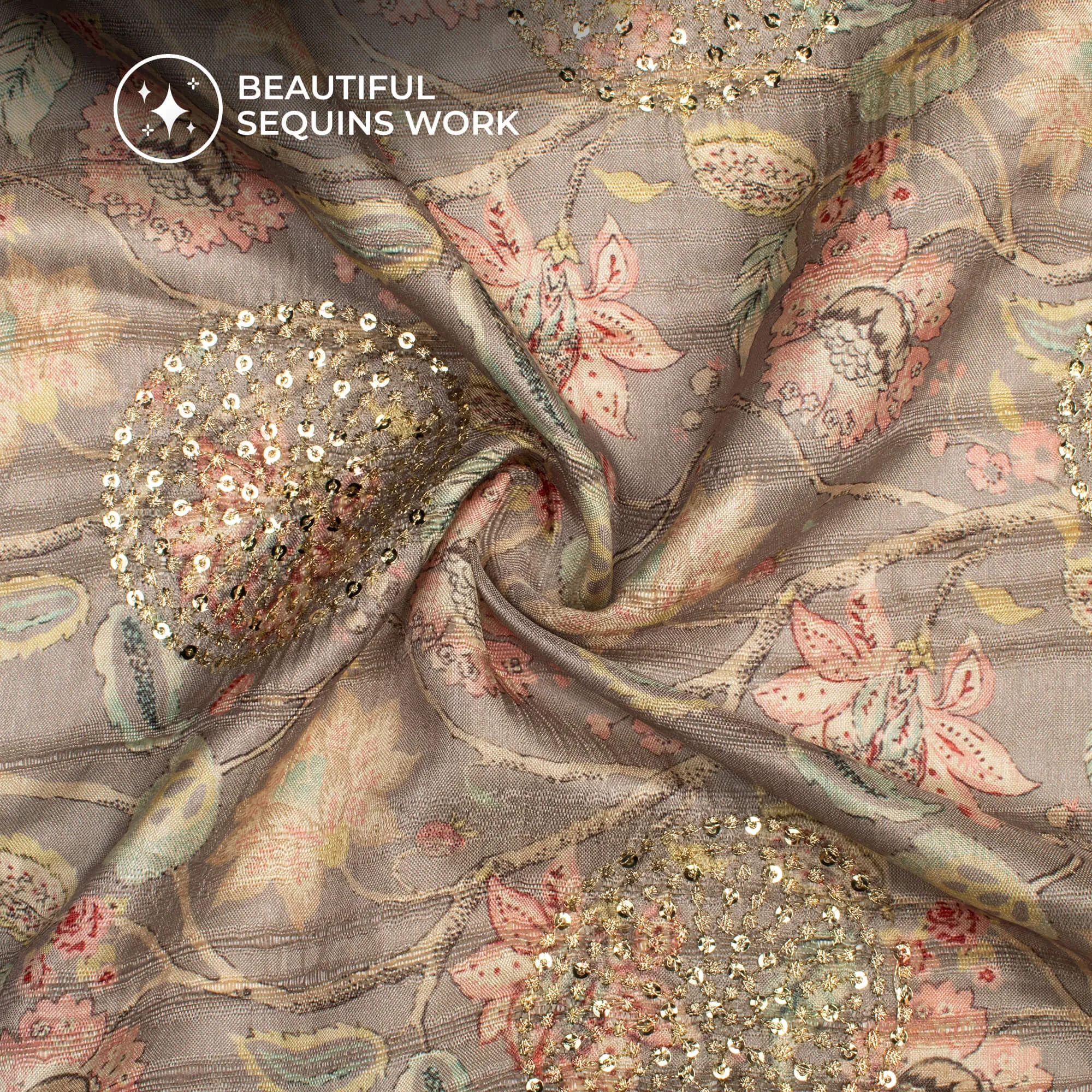 Lovely Pink Floral Digital Print Butta Sequins Embroidery On Heritage Art Silk Fabric