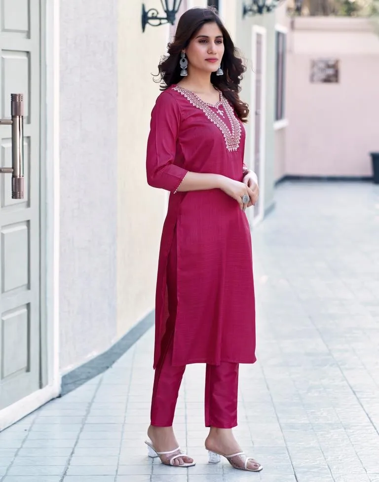 Magenta Silk Embroidery Straight Kurta Set