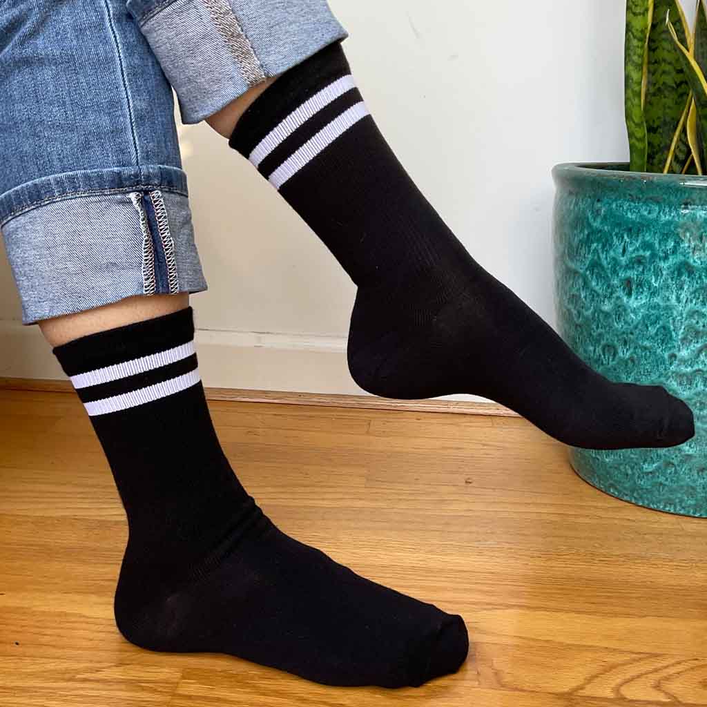 Medium - Basic Striped Crew Socks in Black or White - 3 Pack