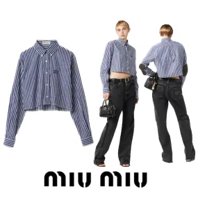 MiuMiu  |Stripes Casual Style Long Sleeves Cotton Office Style Logo