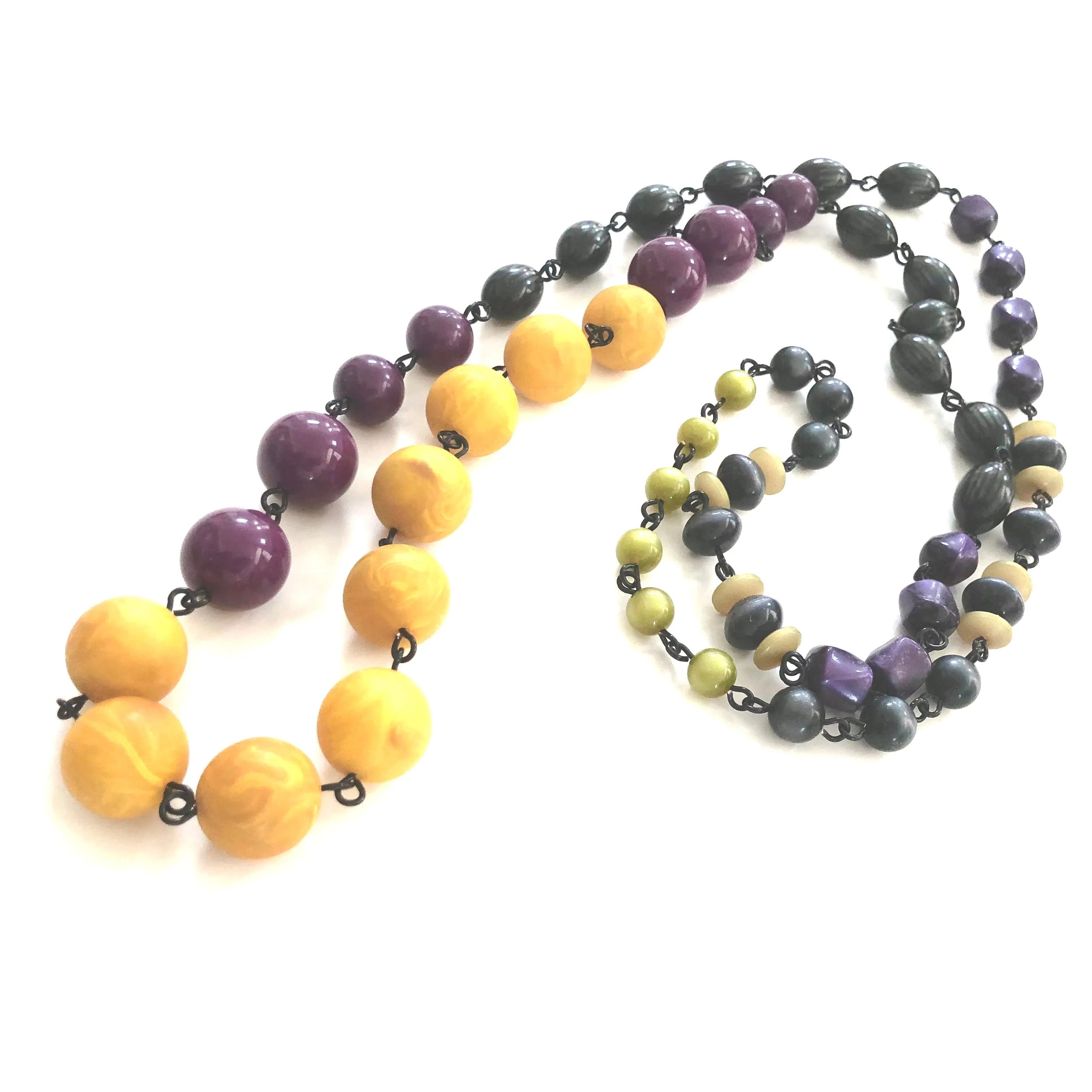 Mustard Yellow & Purple Grey Moonglow Rosary Chain Rope Necklace