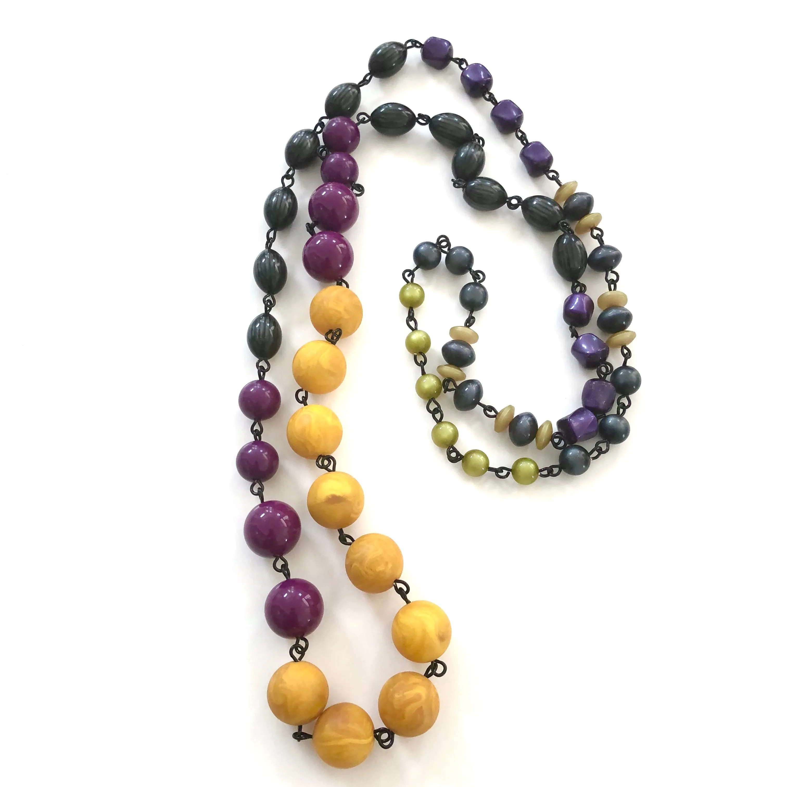 Mustard Yellow & Purple Grey Moonglow Rosary Chain Rope Necklace