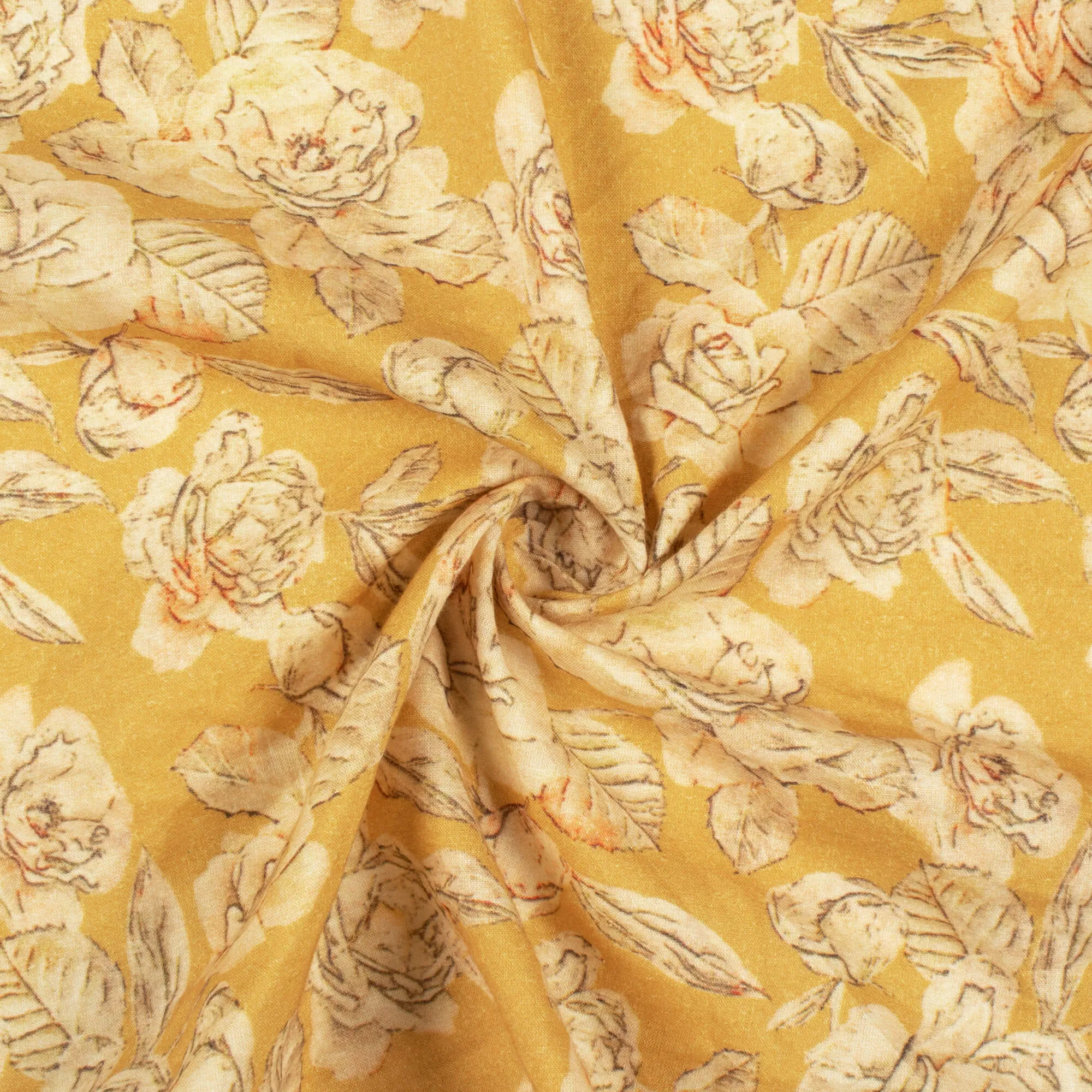 Mustard Yellow And Beige Floral Digital Print Cotton Cambric Fabric