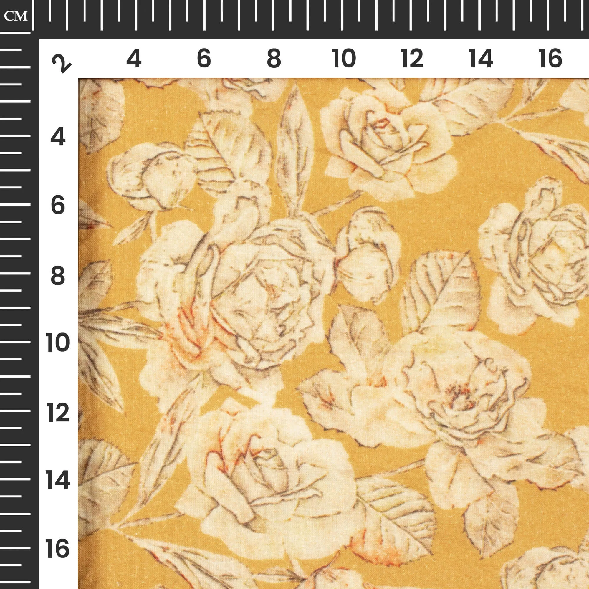 Mustard Yellow And Beige Floral Digital Print Cotton Cambric Fabric