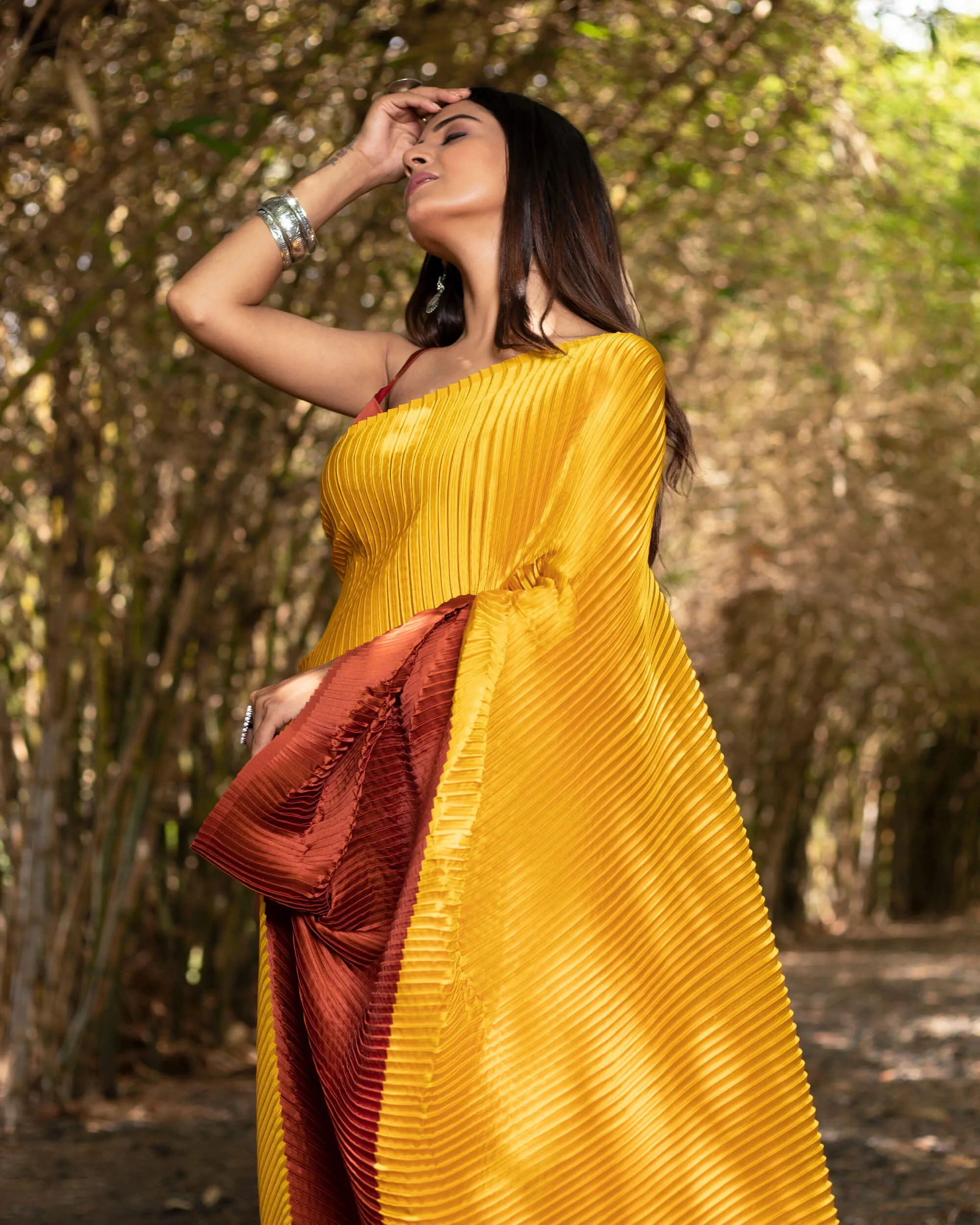 Mustard Yellow And Brick Red Abstract Pattern Half Digital Print Japan Satin Pleated Saree