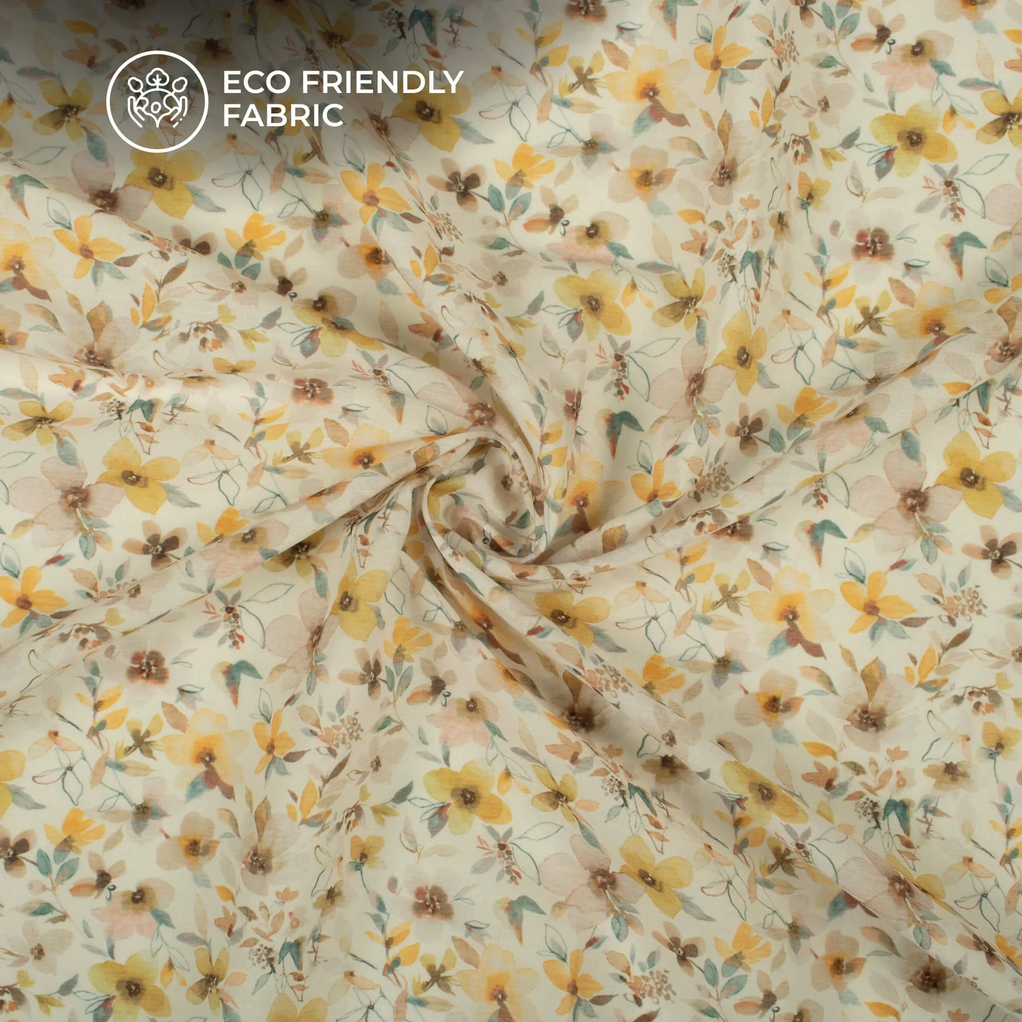 Mustard Yellow Floral Digital Print Poly Cambric Fabric