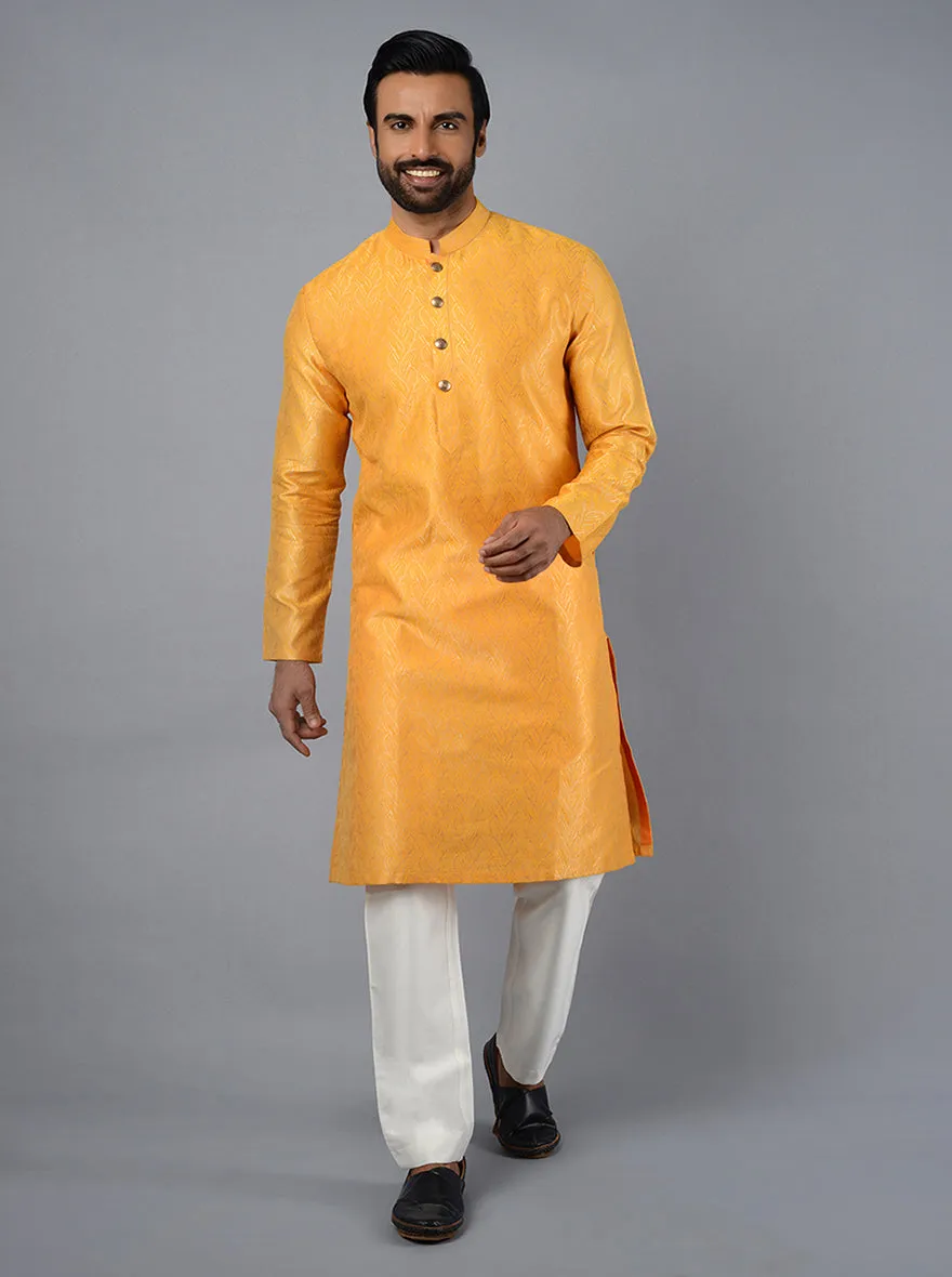 Mustard Yellow Self Design Regular Fit Kurta | Azania