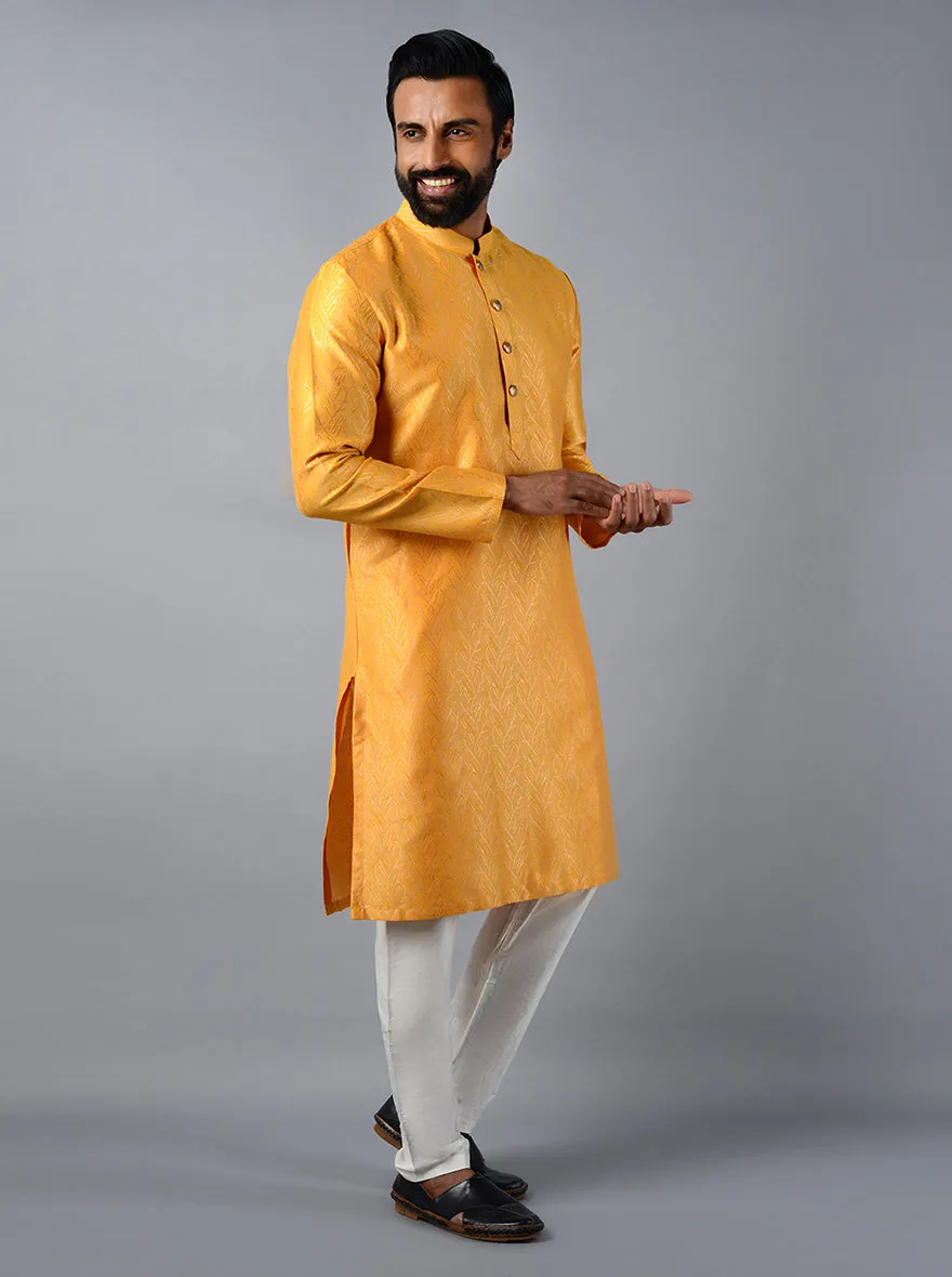 Mustard Yellow Self Design Regular Fit Kurta | Azania