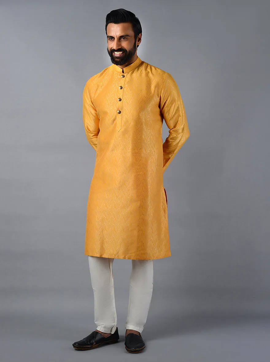 Mustard Yellow Self Design Regular Fit Kurta | Azania