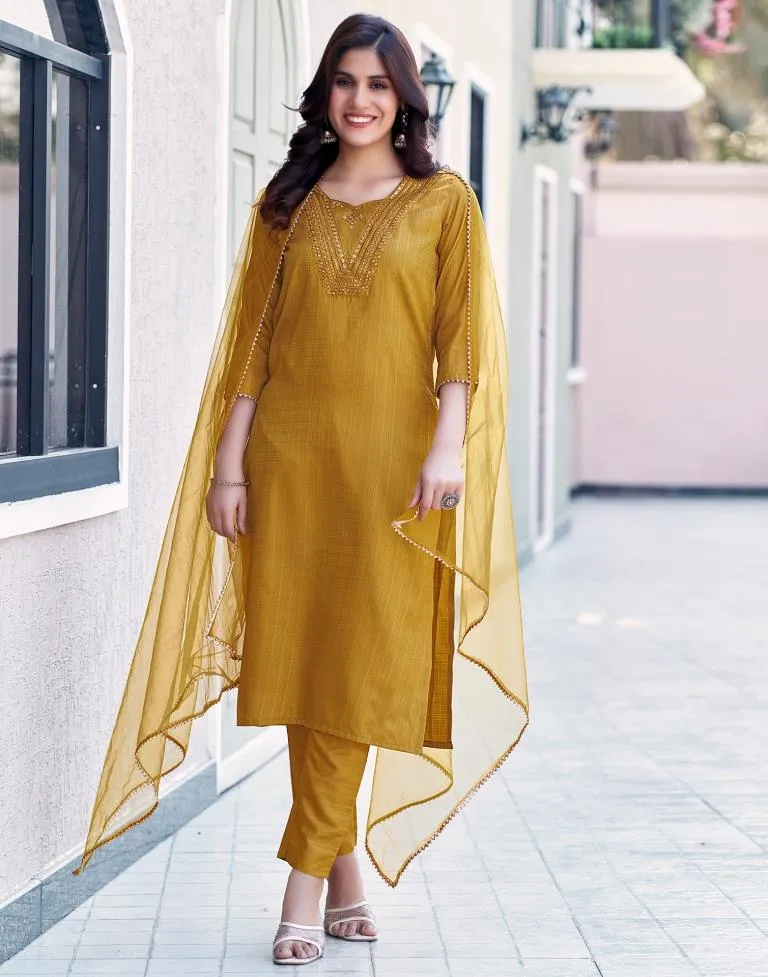 Mustard Yellow Silk Embroidery Straight Kurta Set