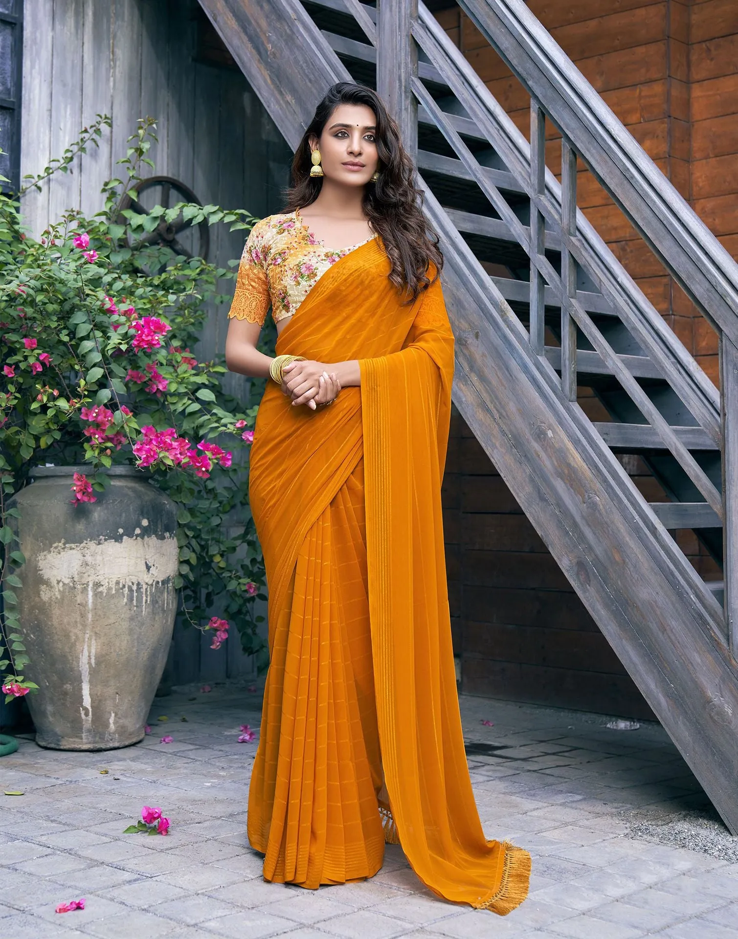 Mustard Yellow Zari Stripe Plain Georgette Saree