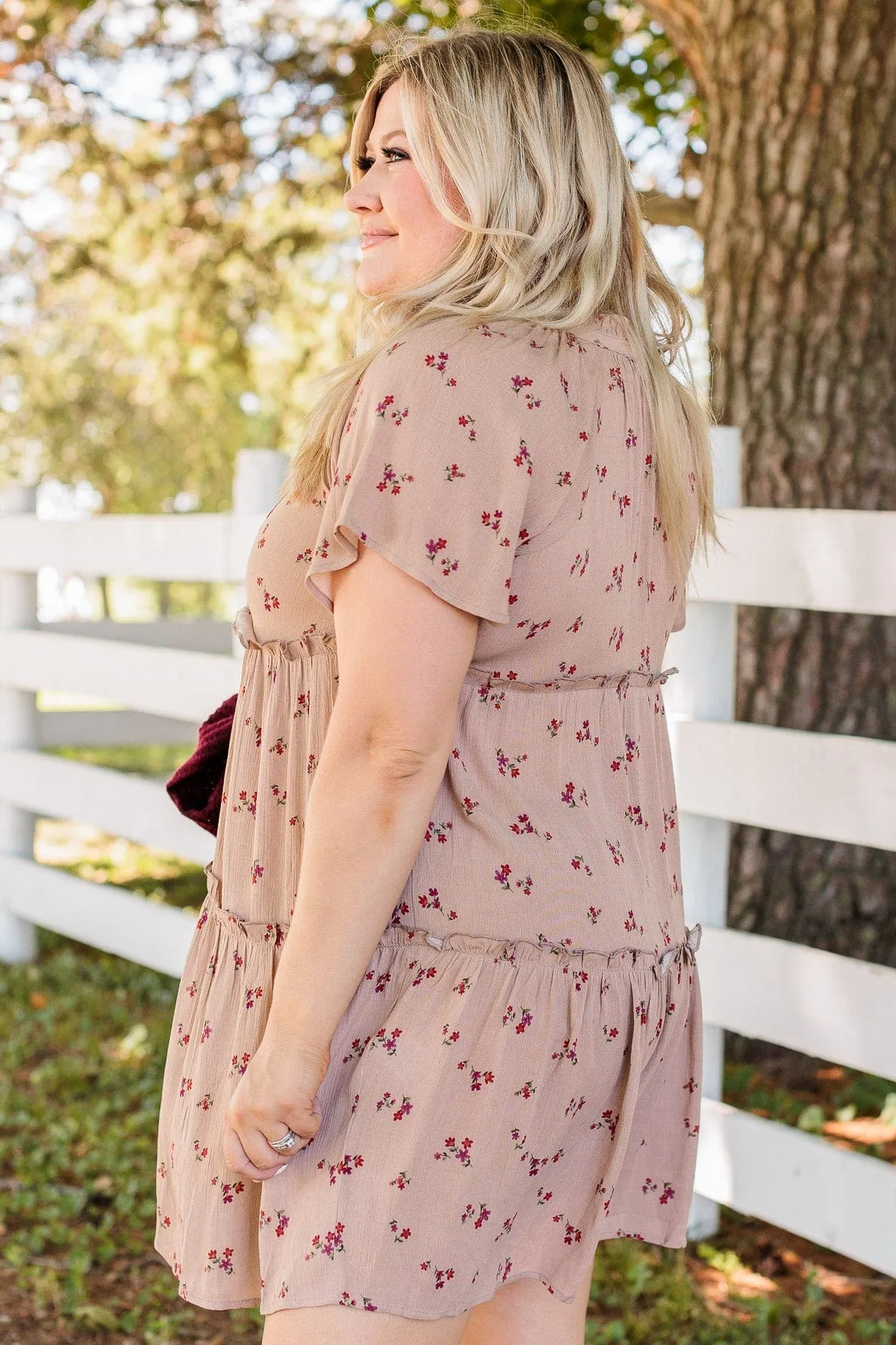 No Doubt About It Ruffled Mini Dress- Taupe