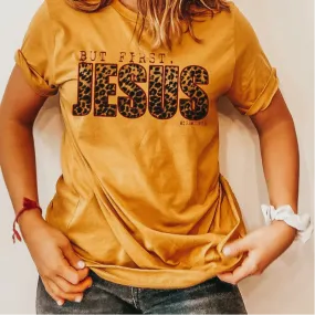 Online Exclusive | But First, Jesus Short Sleeve Graphic Tee in Mustard Yellow