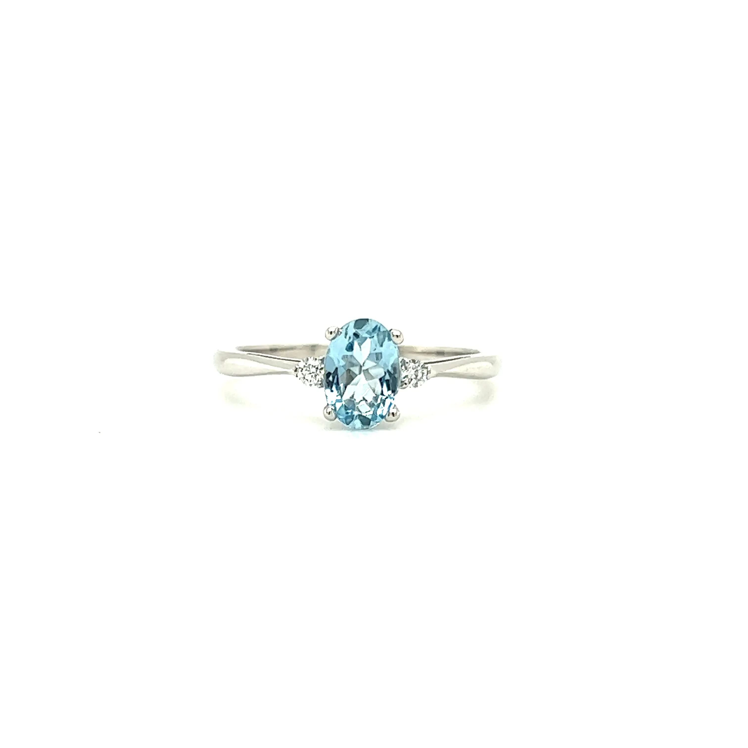 Oval Aquamarine Ring with Two Side Diamonds in 14K White Gold