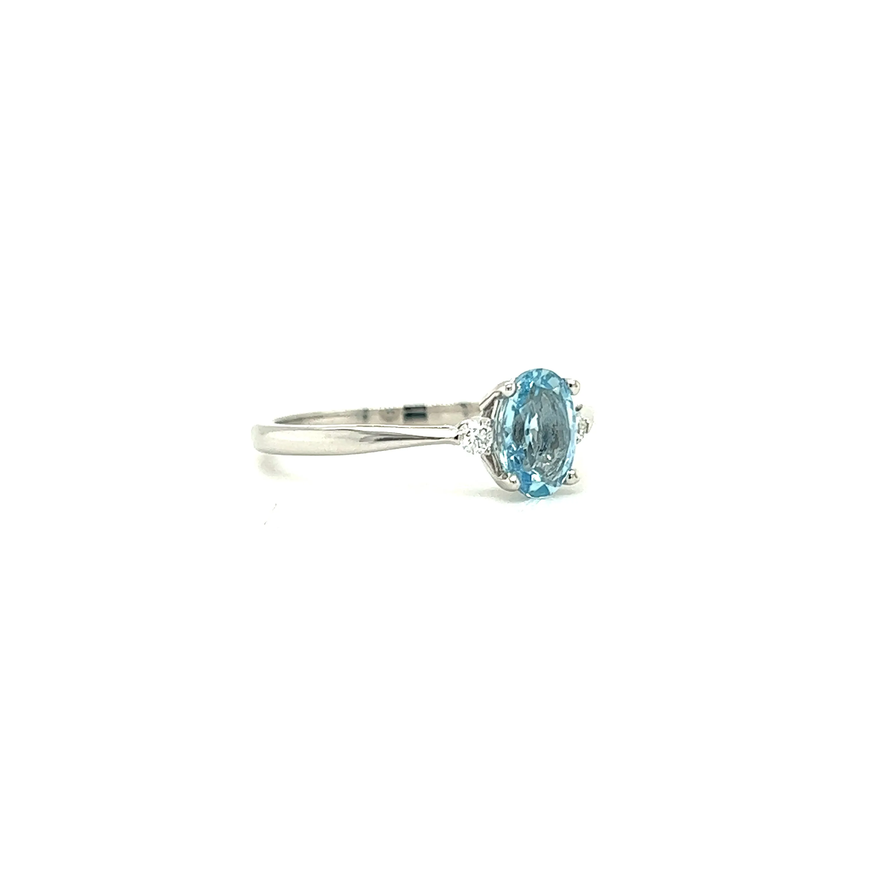 Oval Aquamarine Ring with Two Side Diamonds in 14K White Gold