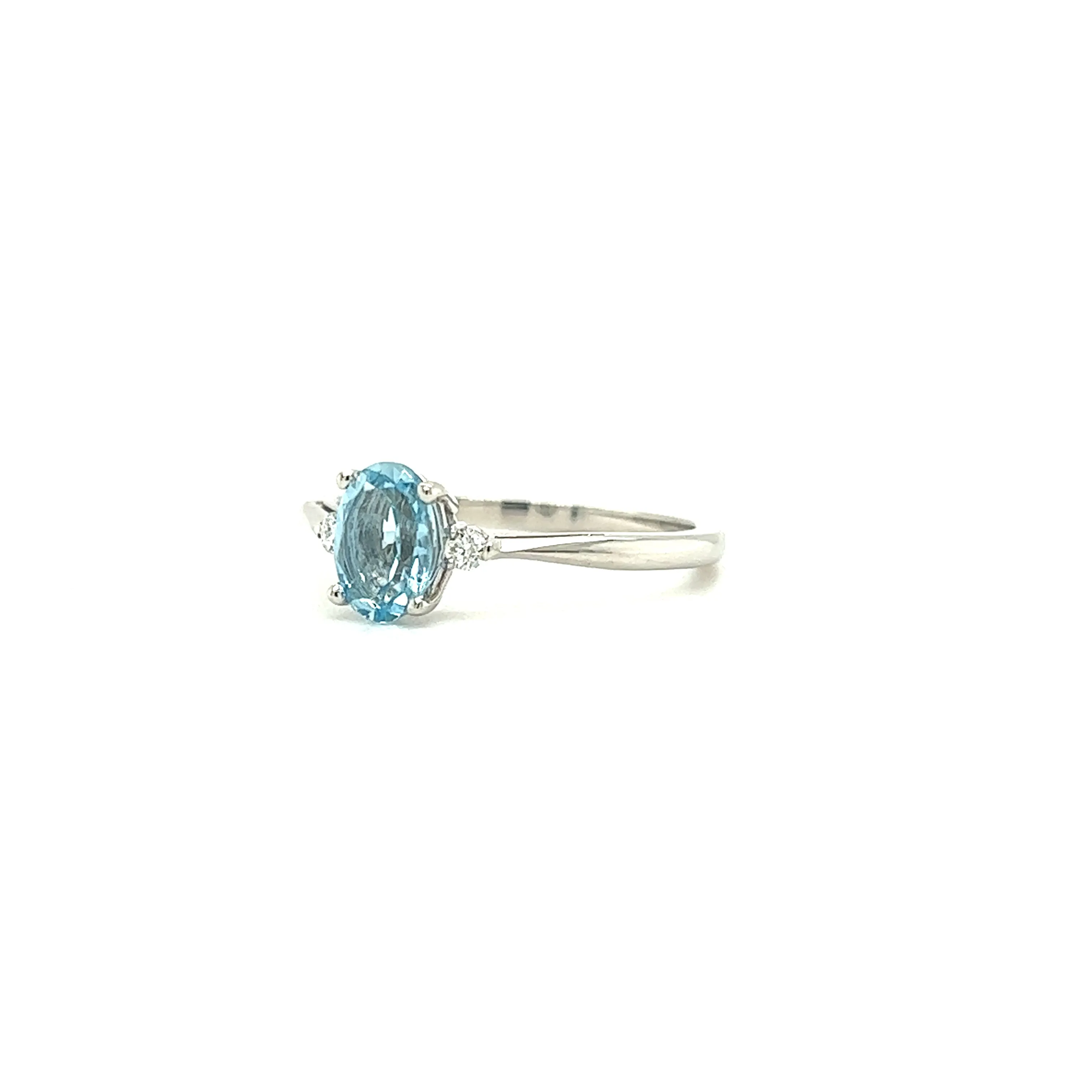 Oval Aquamarine Ring with Two Side Diamonds in 14K White Gold