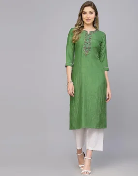 Parrot Green Silk Embroidery Straight Kurta