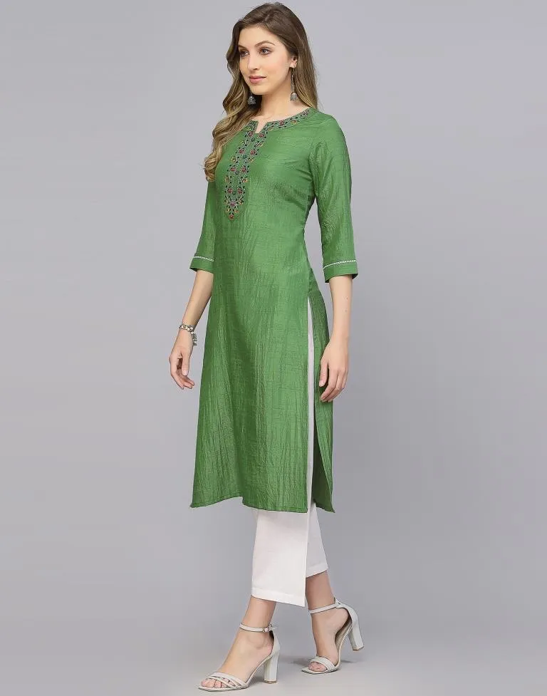 Parrot Green Silk Embroidery Straight Kurta