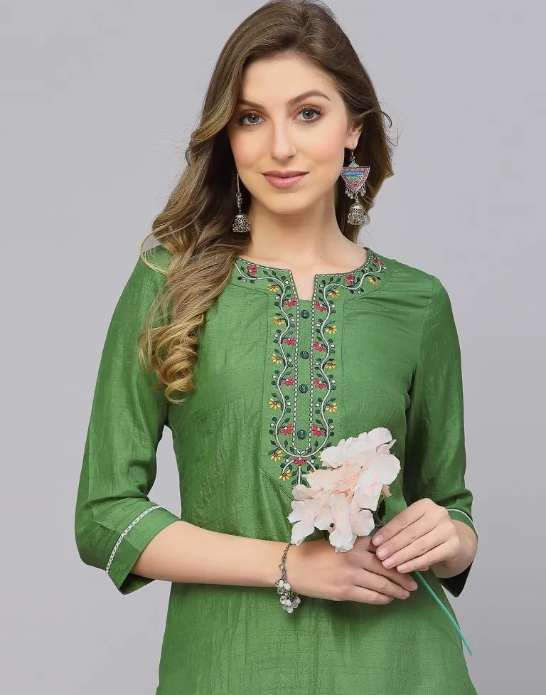 Parrot Green Silk Embroidery Straight Kurta