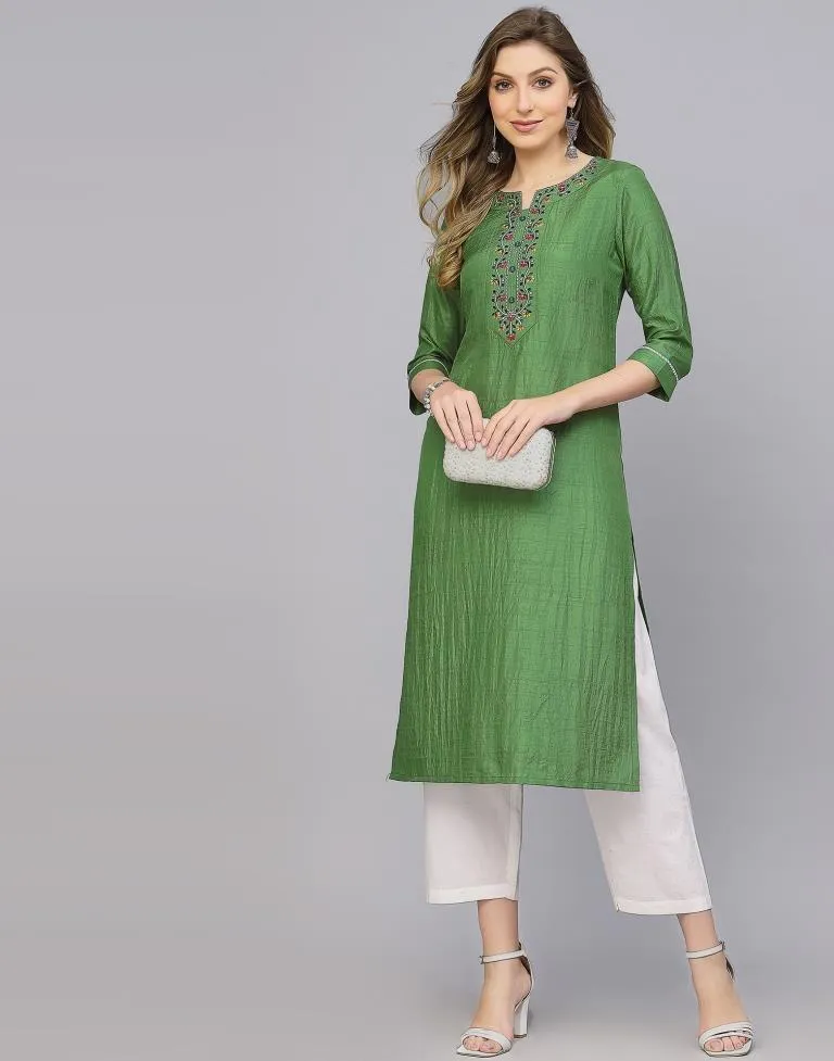 Parrot Green Silk Embroidery Straight Kurta