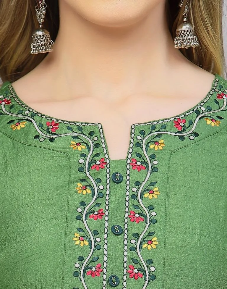 Parrot Green Silk Embroidery Straight Kurta