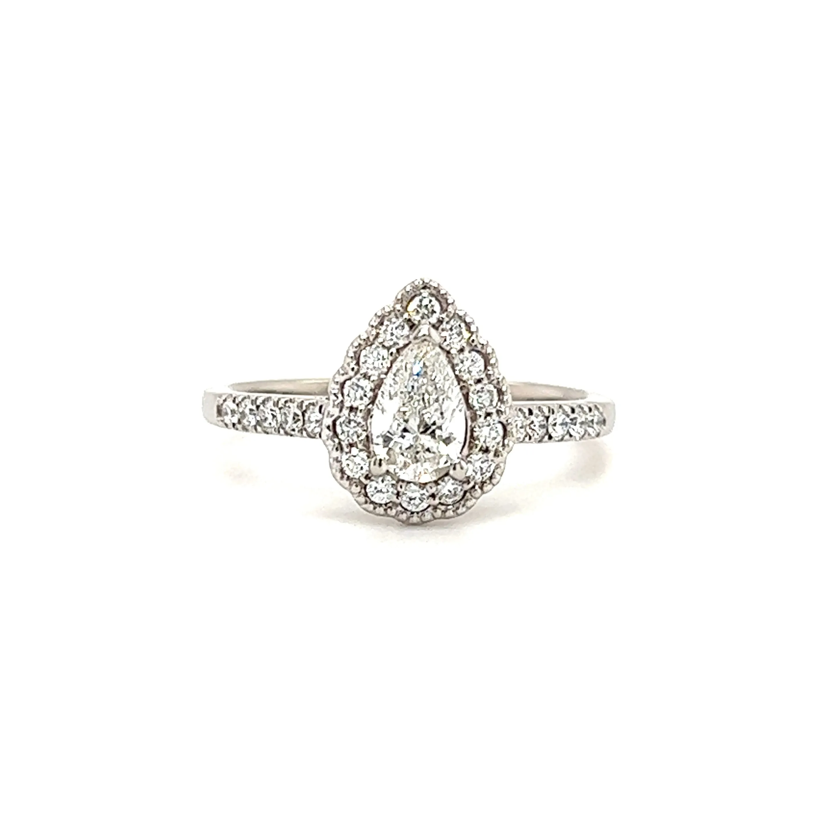 Pear Diamond Ring with Diamond Halo and Side Diamonds in 14K White Gold