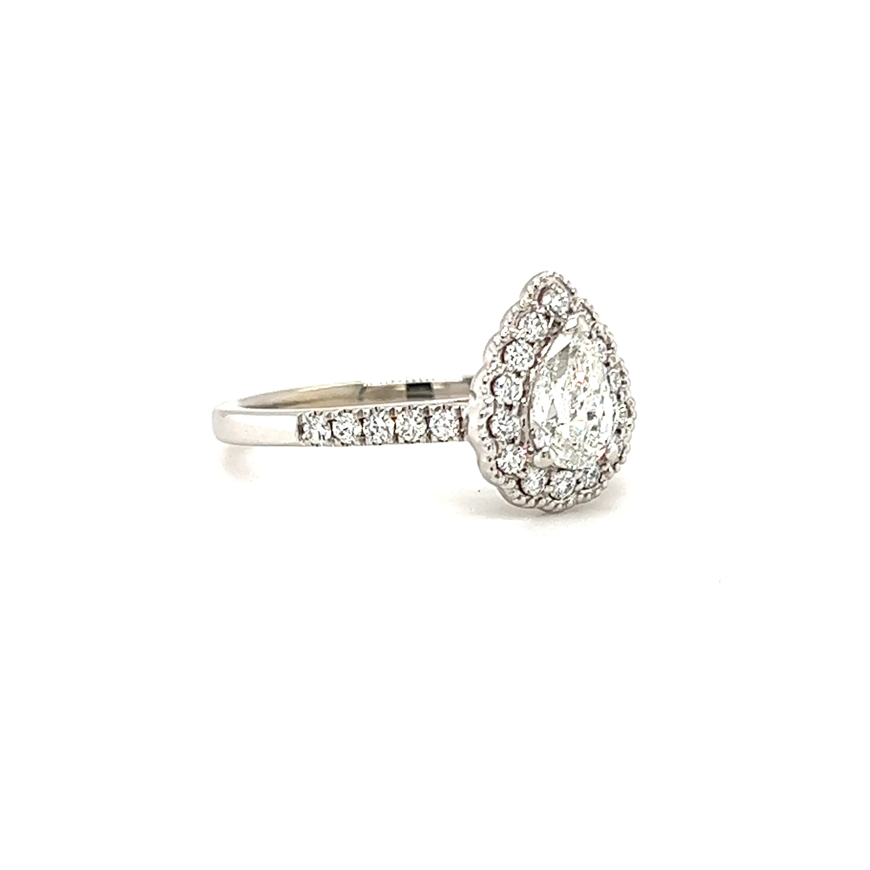 Pear Diamond Ring with Diamond Halo and Side Diamonds in 14K White Gold