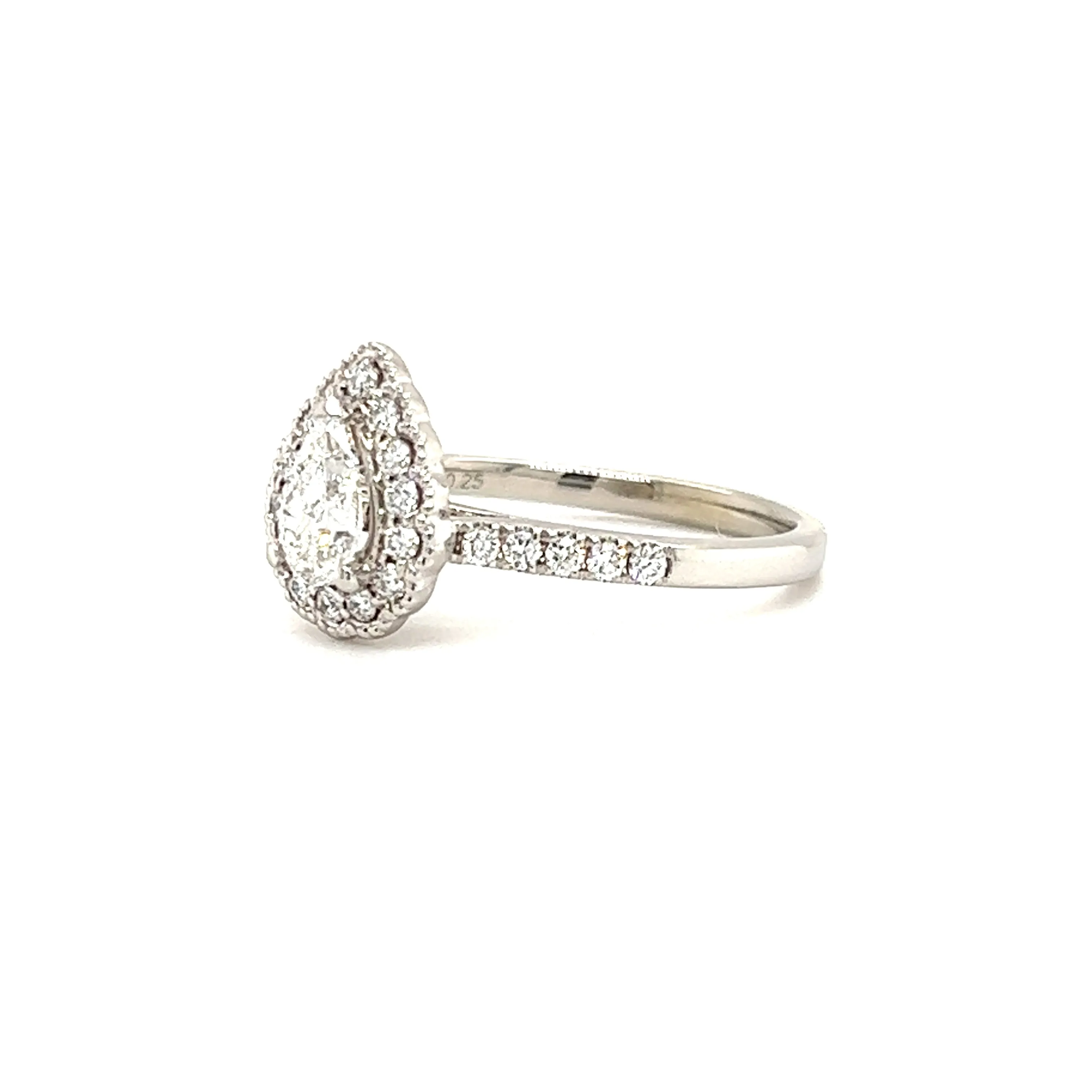 Pear Diamond Ring with Diamond Halo and Side Diamonds in 14K White Gold