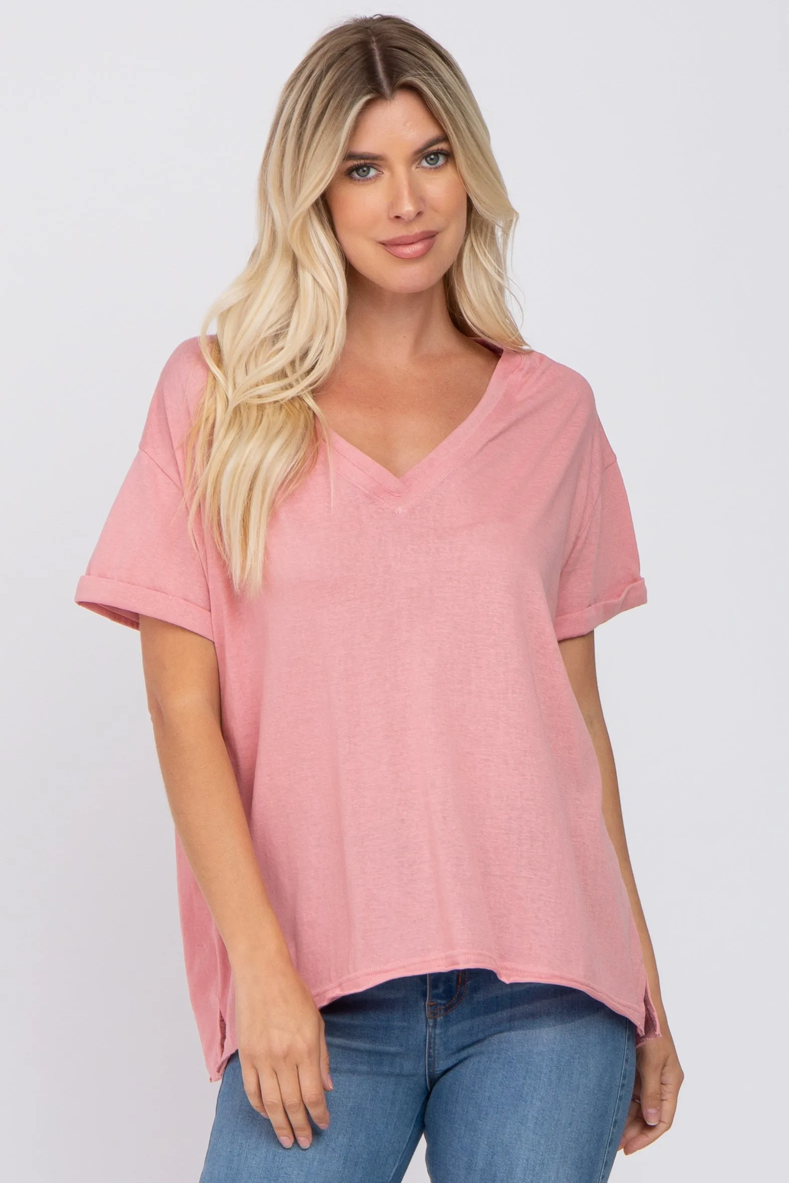 Pink Basic Rolled Short Sleeve Top