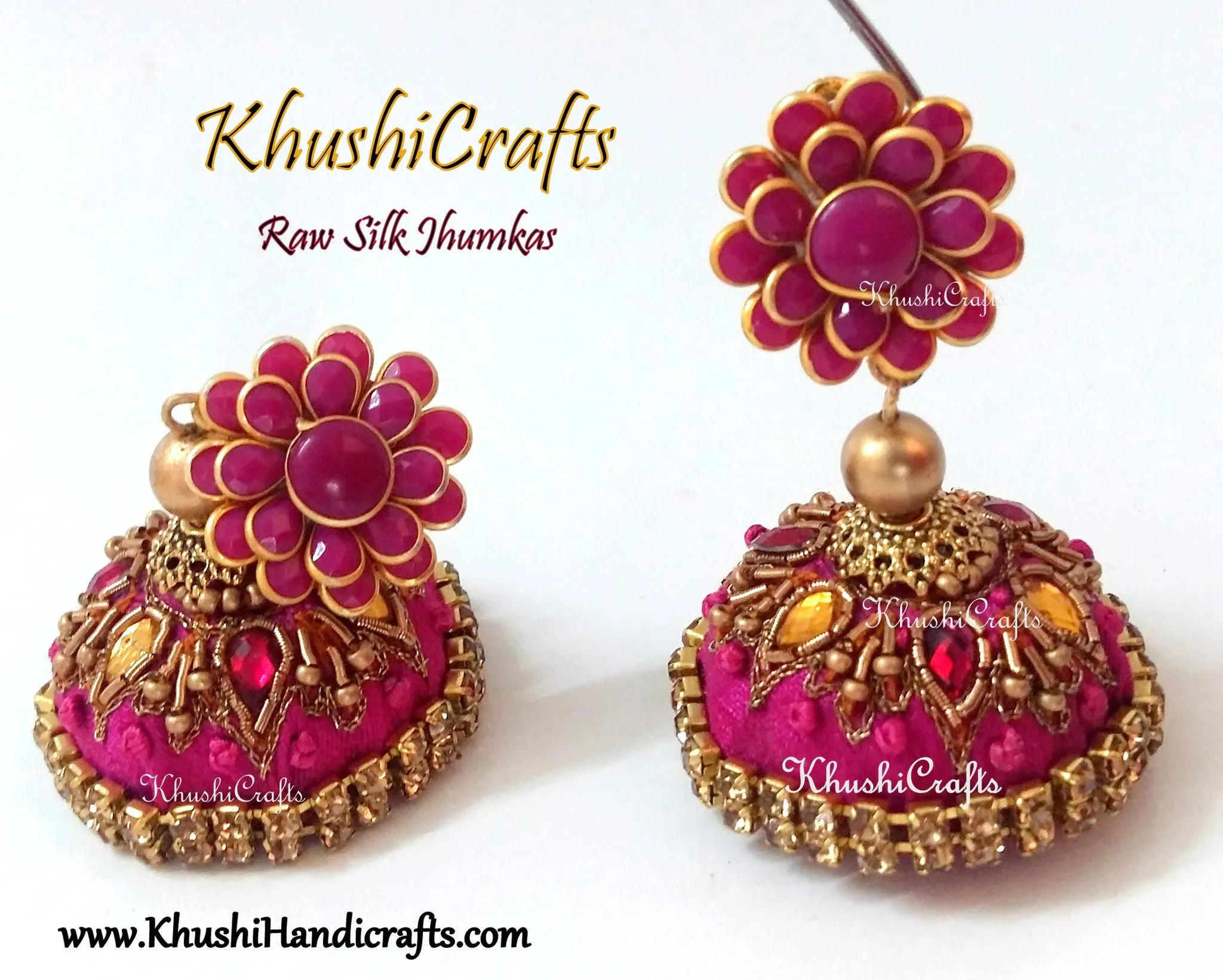 Pink Raw silk Jhumkas with Hand embroidery(Zardosi & Aari /Maggam work)!