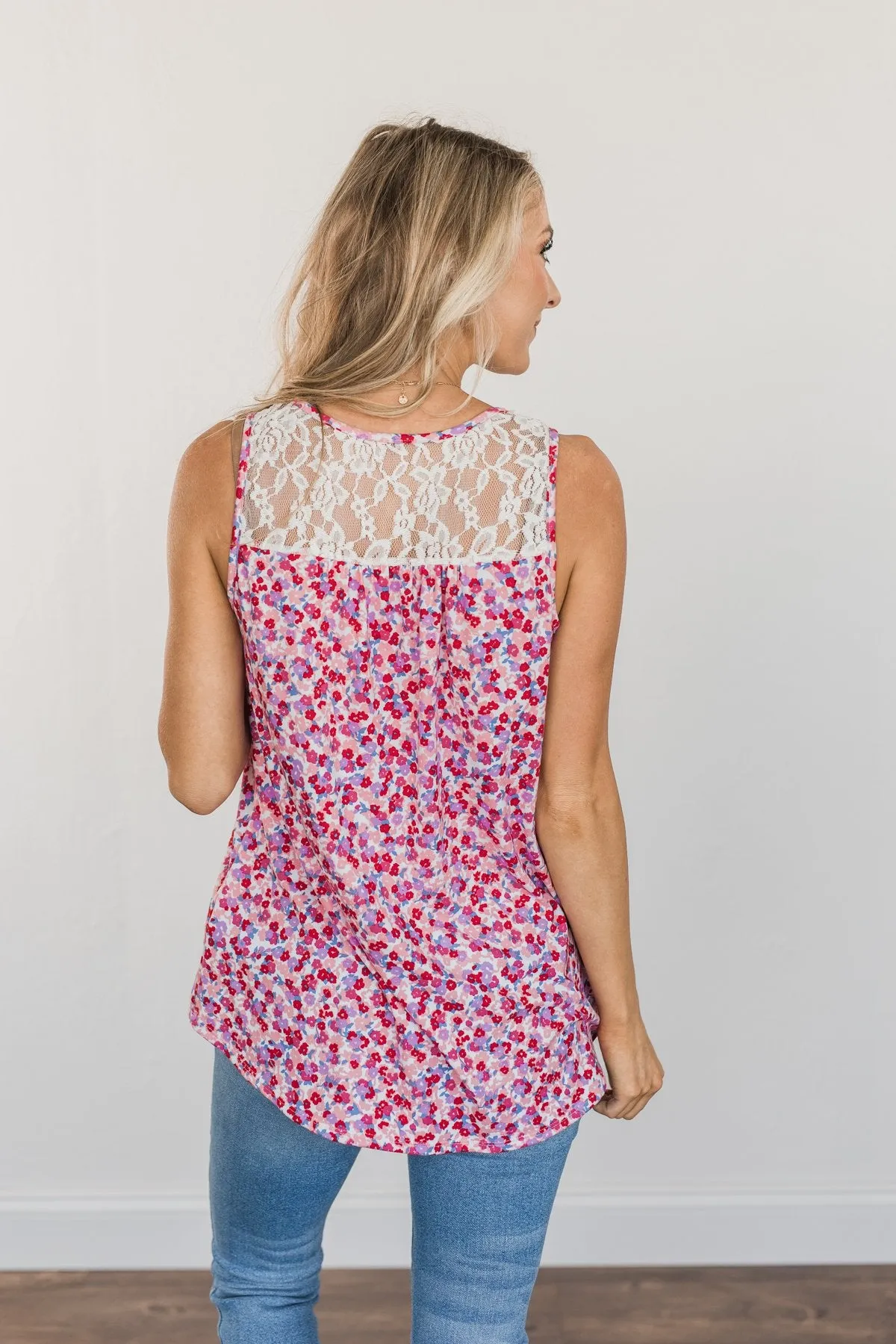 Pretty Precious Floral Lace Tank Top- Pink Multi-Color